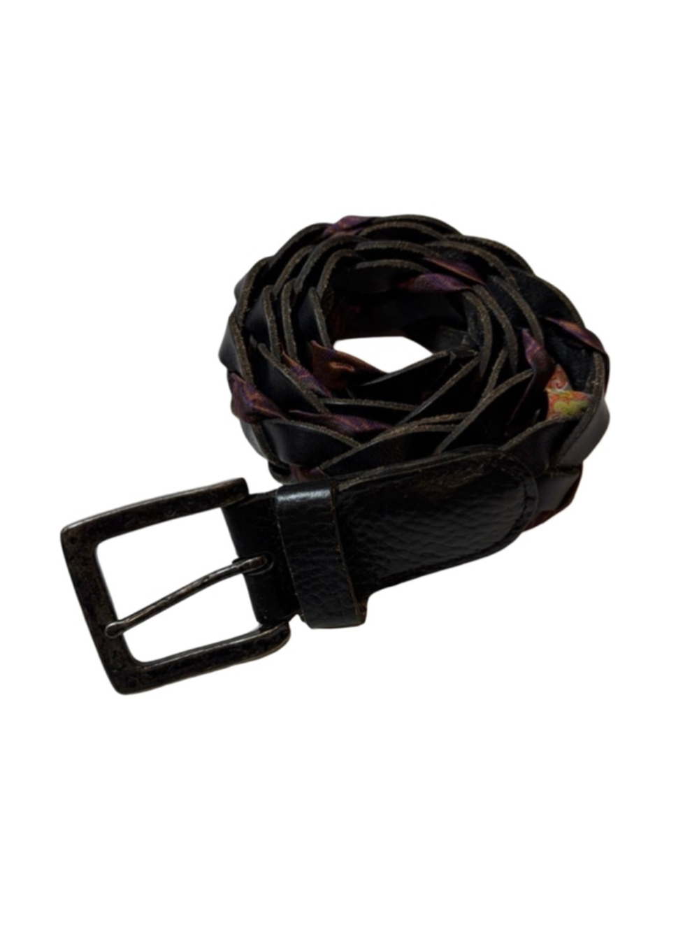 Robert Graham Black Braided Leather Belt Woven Fabric Detail Size 42
